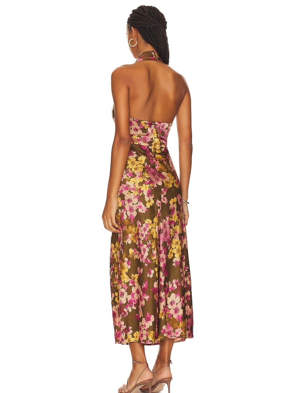 Astr Floral Olive Green Pink Halter Backless Midi Dress - Picture 3 of 14